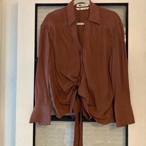 Gorgeous Zara Brown CIRC Button Down Gathered Tie Waist Long Sleeve Blouse